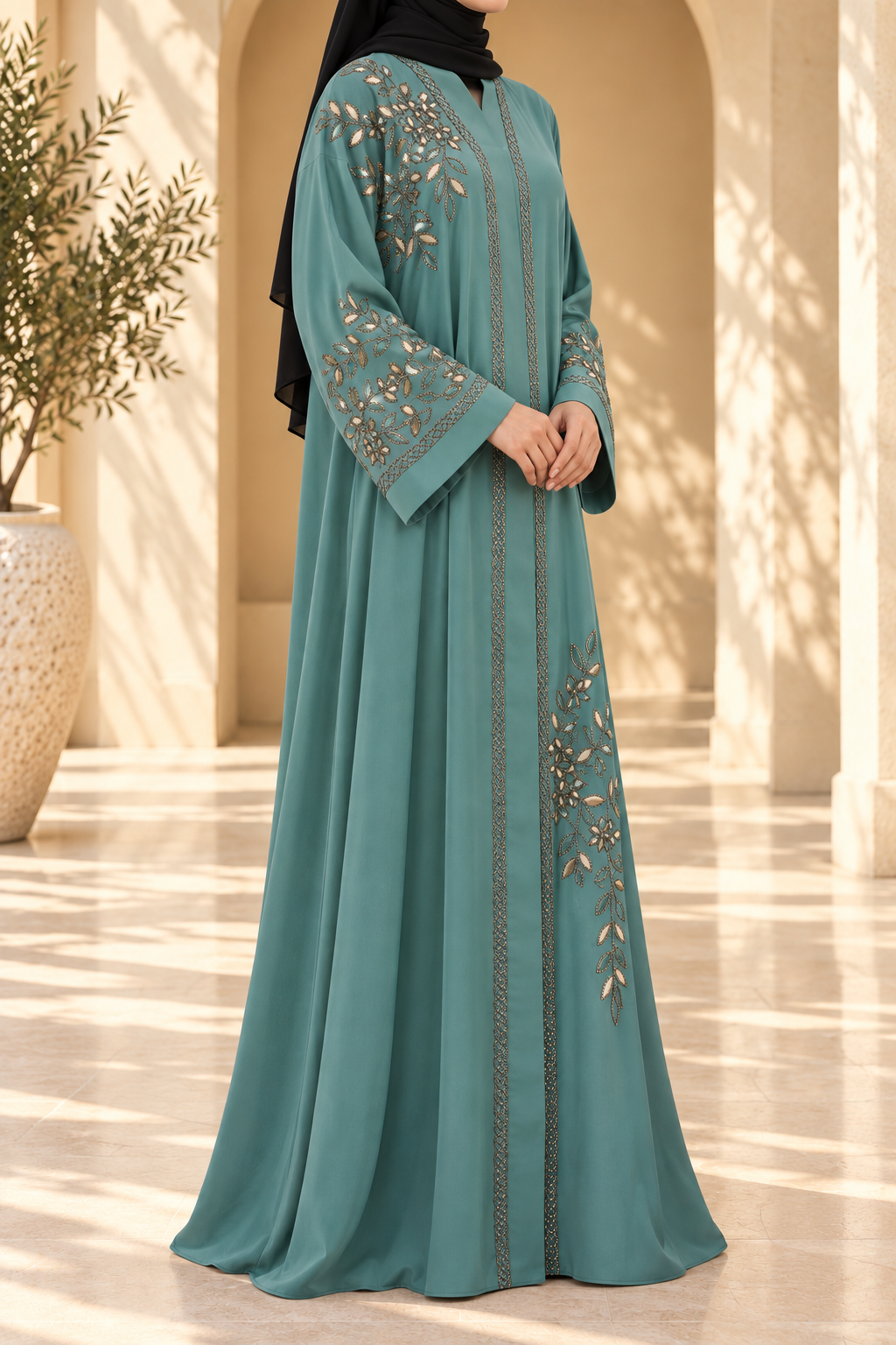 Seafoam Petal Embellished Abaya